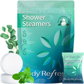 BodyRefresh bombas ducha eucalipto menta en empaque individual, aroma duradero para duchas.