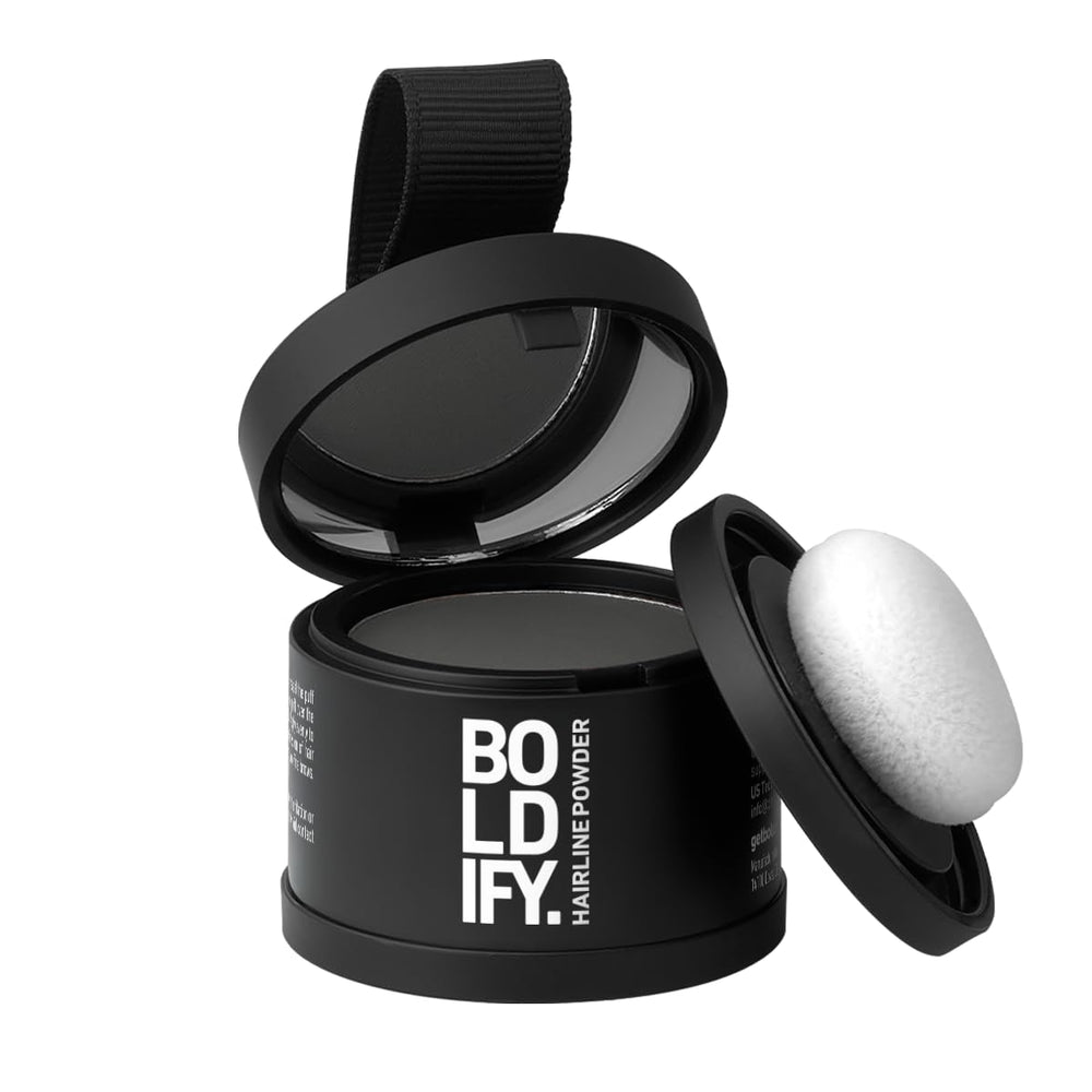 BOLDIFY Hairline Powder muestra aplicación rápida en raíces para cobertura de canas.