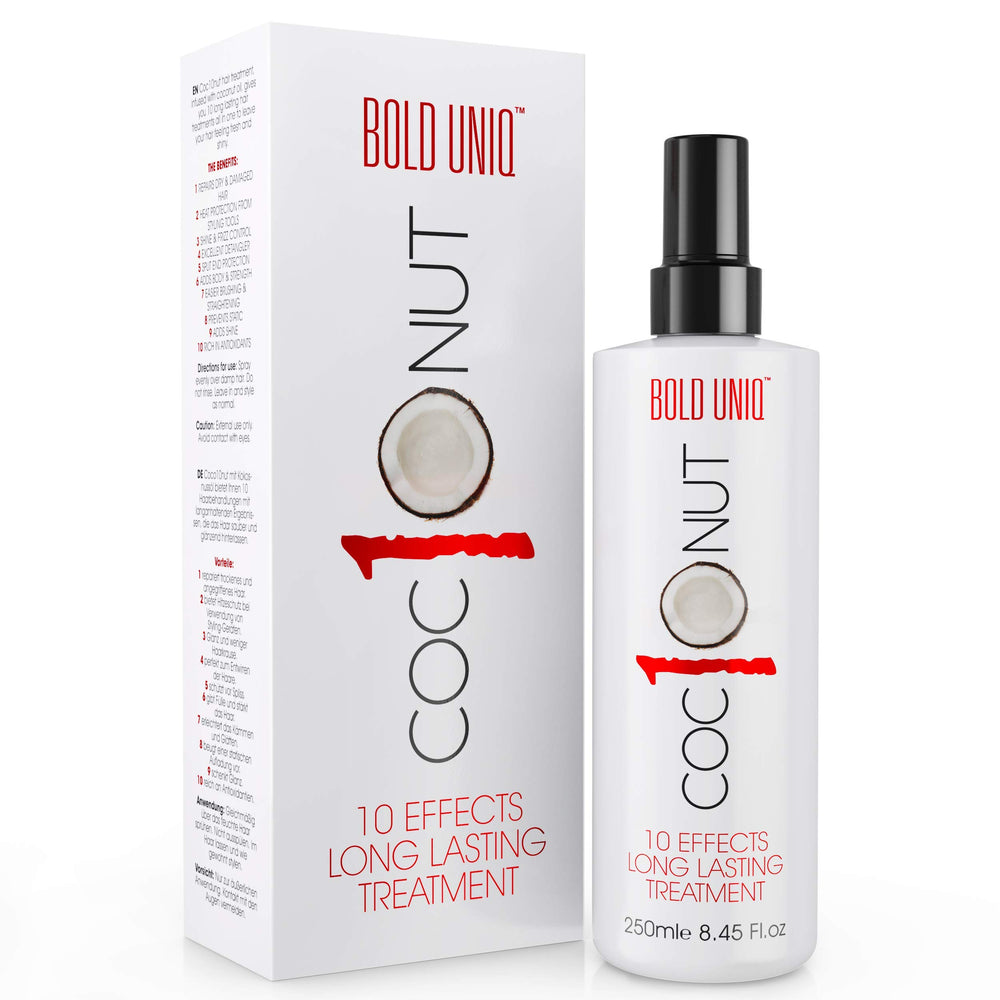 Spray protector térmico de coco de Bold Uniq sobre la botella, protección del calor y brillo.