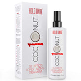 Spray protector térmico de coco de Bold Uniq sobre la botella, protección del calor y brillo.