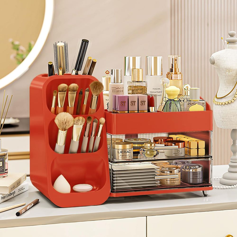 Booklov organiseur maquillage avec tiroirs rouge, rangement efficace pour vos produits beauté