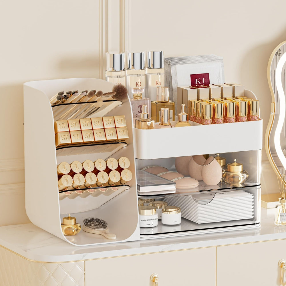 Booklov organizador de maquillaje para tocador con porta-pinceles, ordena brochas con elegancia.