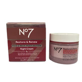 Boots No7 Restore and Renew Night Cream pot visible montrant la texture riche pour hydratation nocturne