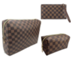 Bopomofo brown checkered cosmetic bag with a large main pouch for travel essentials.