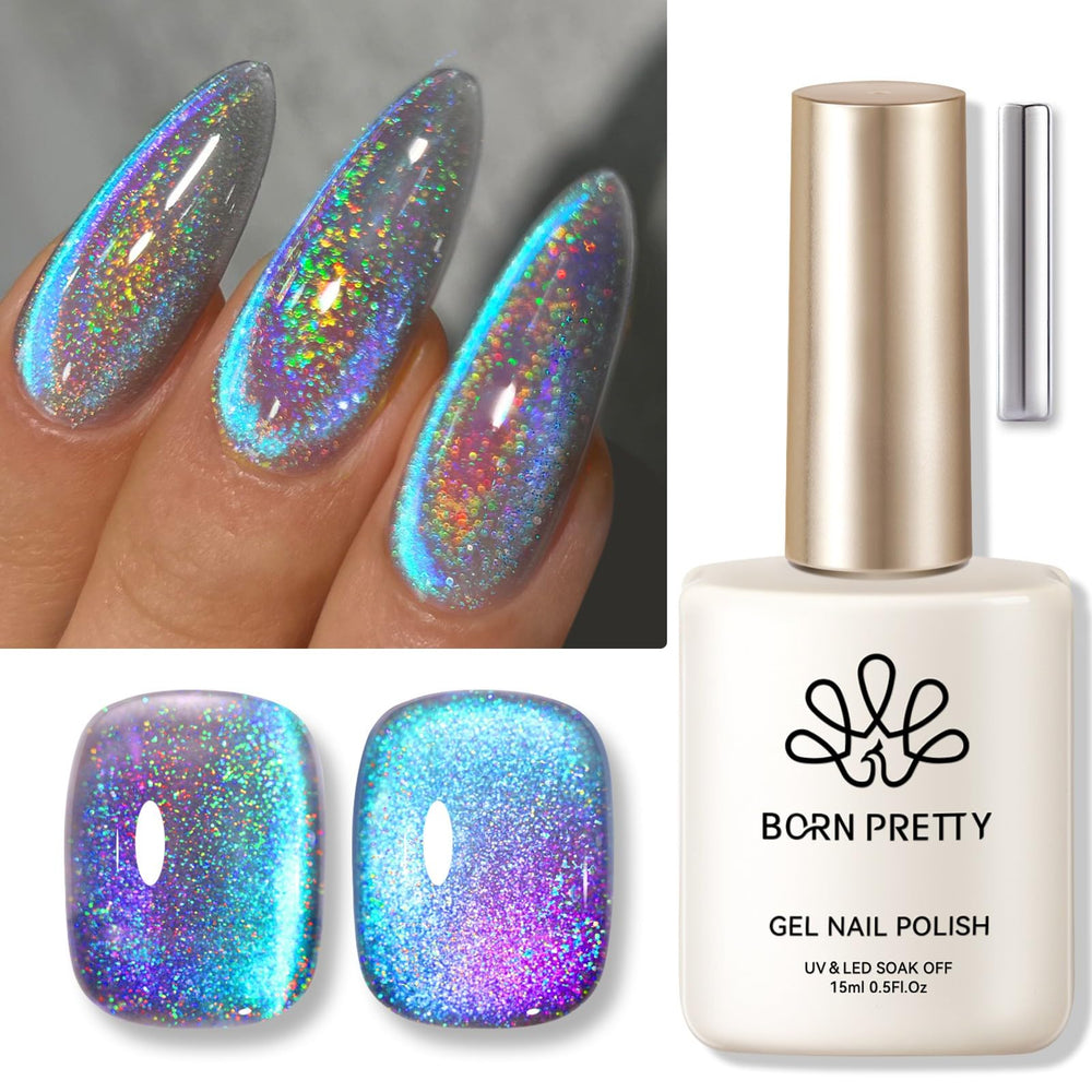Born Pretty 9D Cat Magnetic Eye, esmalte gel con ojo de gato azul-morado y brillo holográfico.