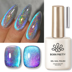 Born Pretty 9D Cat Magnetic Eye, esmalte gel con ojo de gato azul-morado y brillo holográfico.