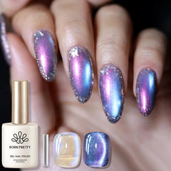 Born Pretty Purple Auroras Cat Eye Gel muestra el efecto ojo de gato púrpura en uñas