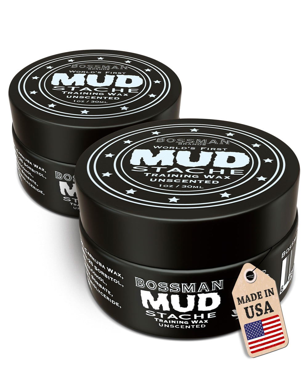 Bossman MUDstache unscented wax bottle showing strong matte hold for all-day styling.