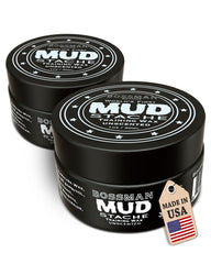 Bossman MUDstache unscented wax bottle showing strong matte hold for all-day styling.