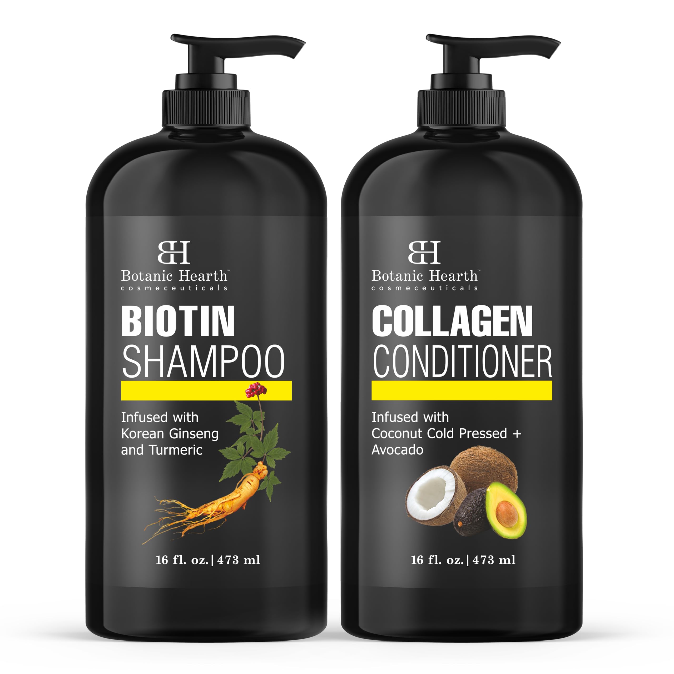 Shampooing Botanic Hearth Biotine, bouteille, soutient la vitalité des cheveux.