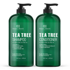 Botanic Hearth champú arbol de te, botella y etiqueta detallada