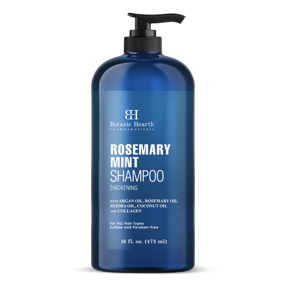Botanic Hearth champú romero menta en botella para cabello más fuerte.