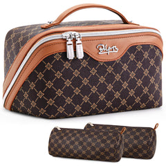 BOYATU bolsa de maquillaje de viaje 3 piezas en café, perfecta para organización.