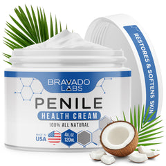 Bravado Labs Crema Penil, botella de 4 oz, hidratación suave para piel íntima sensible.