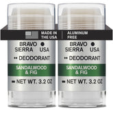 Desodorante Bravo Sierra sin aluminio, dos-pack, fragancia sándalo e higo para protección duradera.