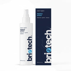 BRIOTECH Pierce Spray, vista cercana de la botella para cuidado suave de piercings