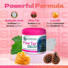 Bronner Bros BB Pine Tar Super Gro, contiene pine tar y ácido salicílico para limpieza suave.