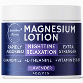 Brookethorne Naturals Nighttime Magnesium Lotion frente a la botella, enfoque en lavanda calmante para la noche.