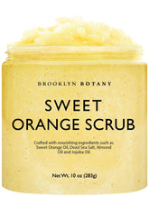 Brooklyn Botany Sweet Orange Scrub, botella vertiendo, exfolia suavemente la piel.