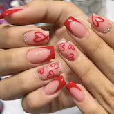 BSBTBZ uñas prensadas cuadradas Frances con corazón rojo, brillo rosa para un look elegante