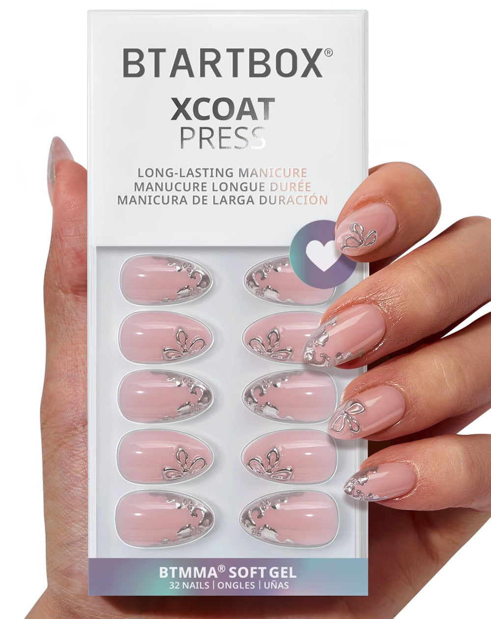 BTArtbox Frost Glam: uñas cortas con flor 3D para un acabado natural duradero.