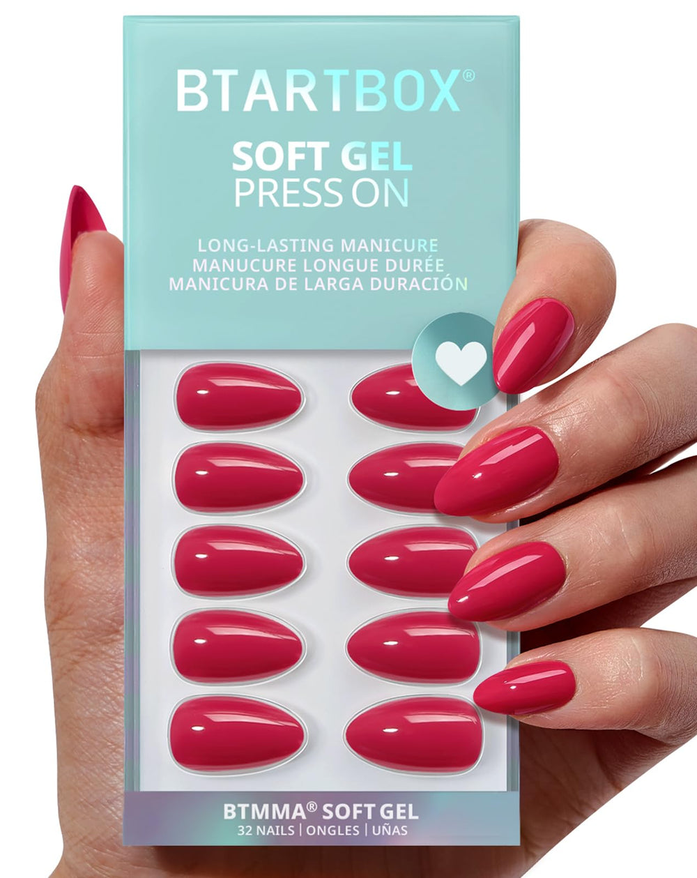 BTArtbox uñas pegables almendra rosa frambuesa, empaque listo para regalo.