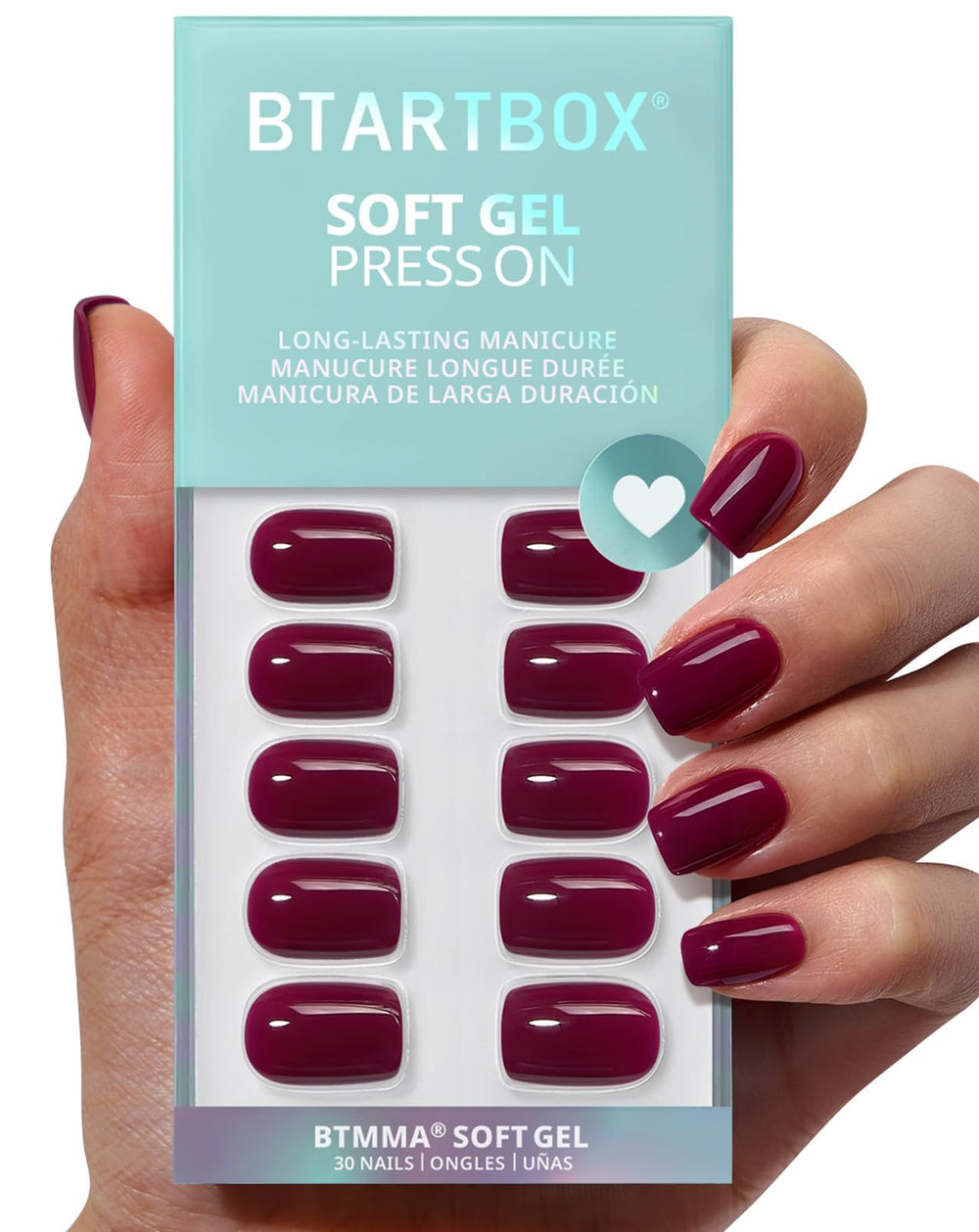 BTArtbox Uñas postizas cortas plum rojo squoval, aplicación rápida y elegante.