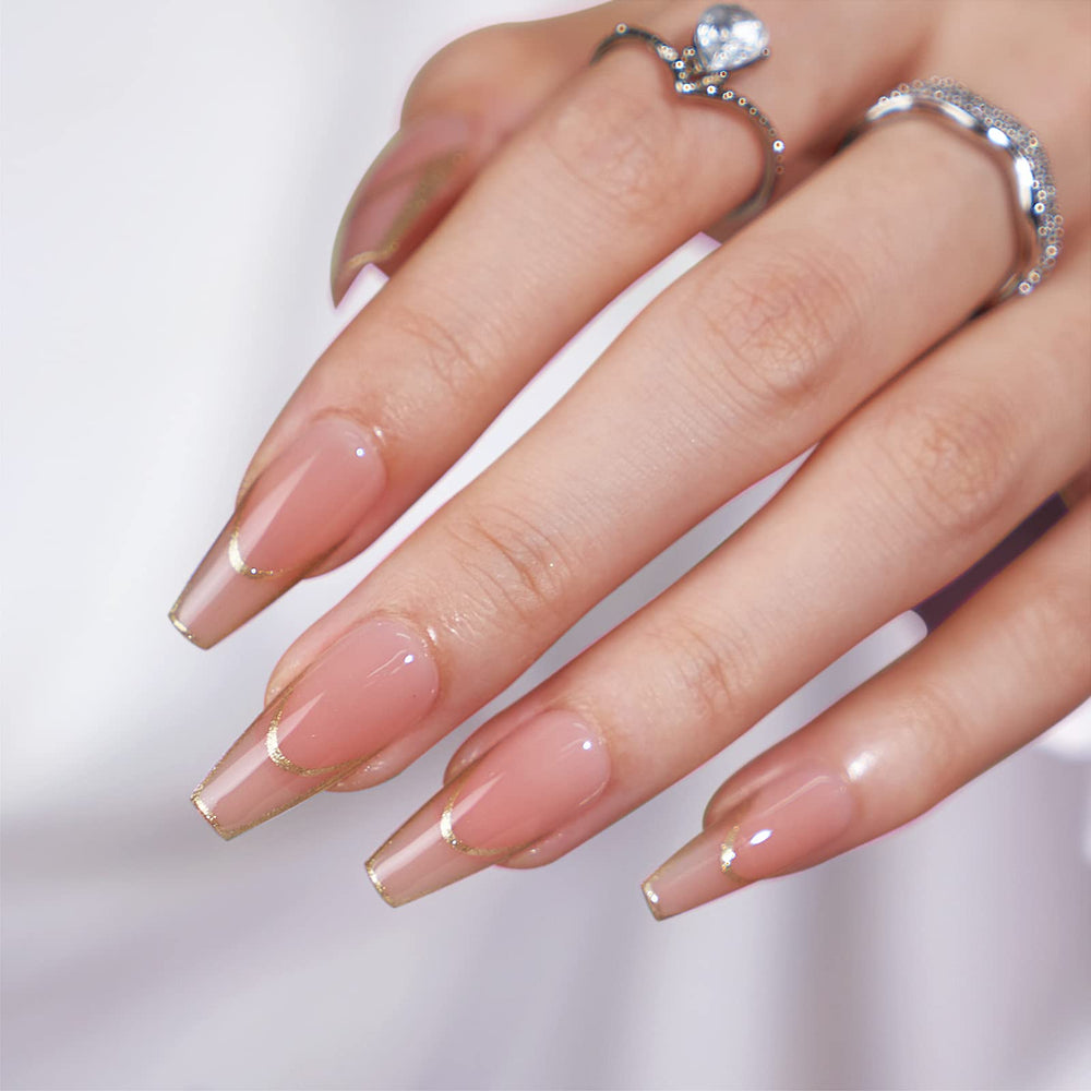 BTArtbox uñas postizas largas con borde rose gold y Frances, look sofisticado