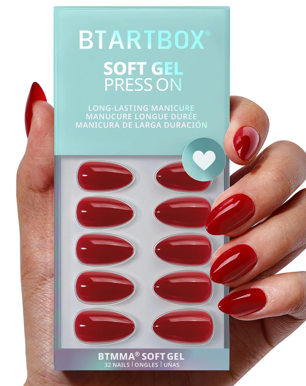BTArtbox Uñas Prensa Almendra Rojo Pastel Cortas con Pegamento para una aplicación rápida.