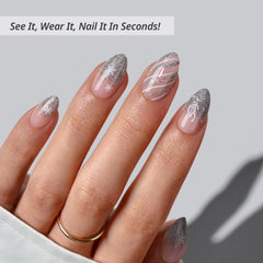 BTArtbox Uñas Prensadas Sparkle Bow, mano con uñas en forma almendra para estilo diario.