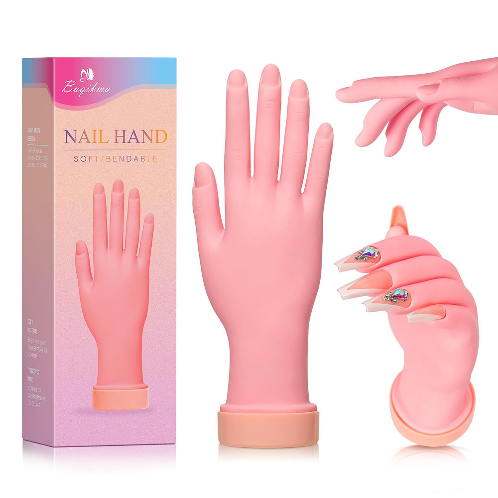 Mano de práctica Buqikma vista frontal, ideal para entrenamiento de diseño de uñas.