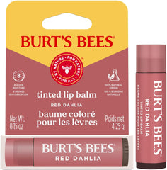 Nutre y suaviza los labios con Burt's Bees bálsamo labial tintado Red Dahlia, uso diario.