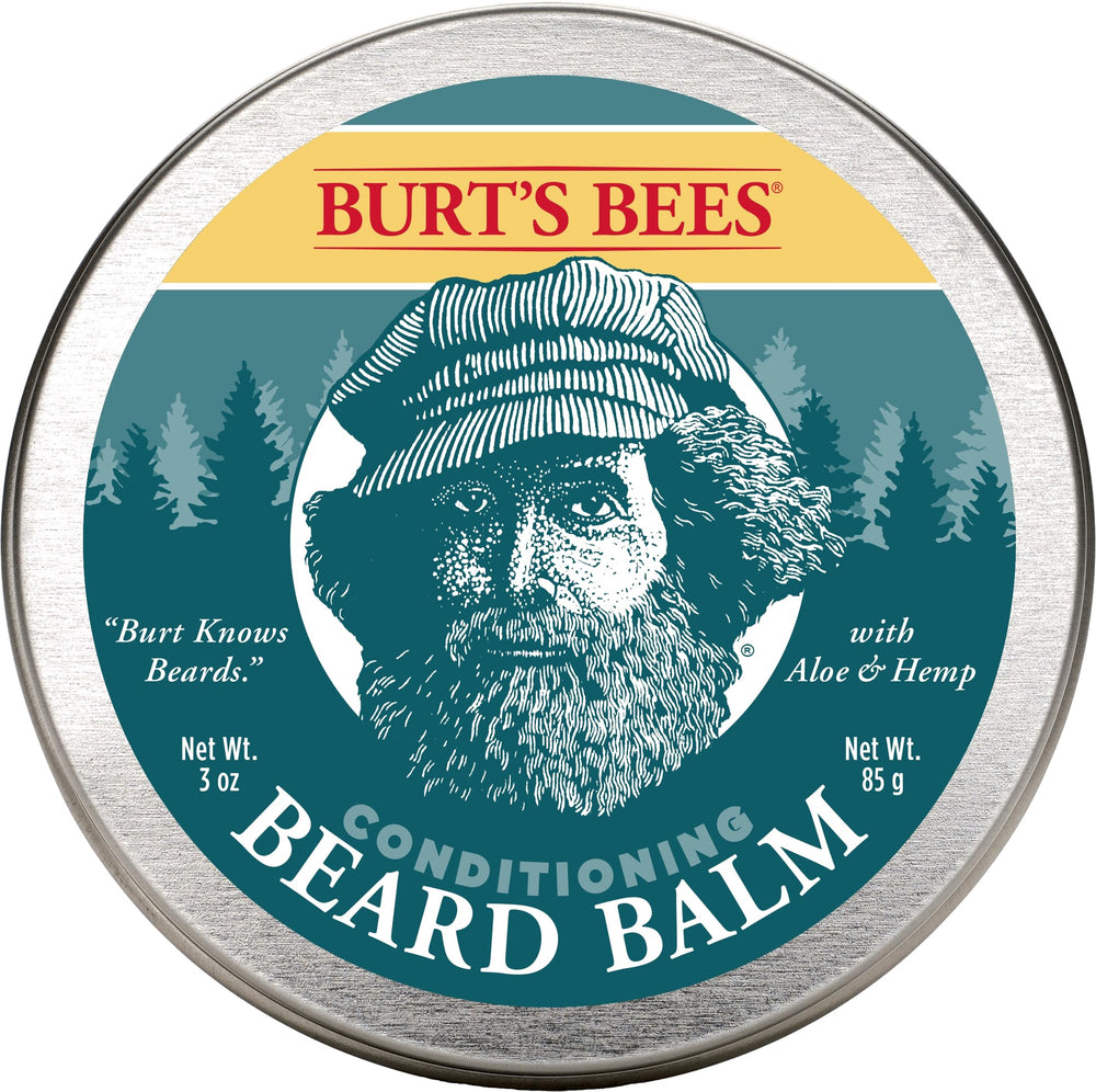 Burt's Bees Conditioning Beard Balm tin shows aloe and hemp for nourished beard and skin.