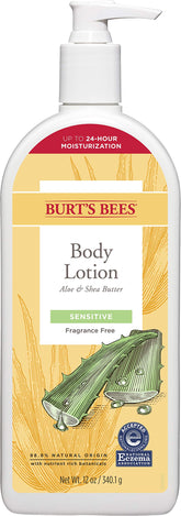 Loción corporal Burt's Bees para piel sensible con Aloe y Shea, hidratación suave y duradera.