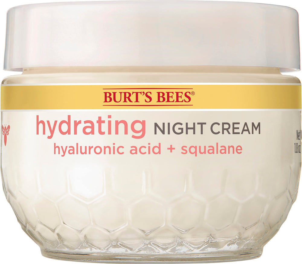 Burt's Bees Truly Glowing Night Cream en bote, hidratación nocturna suave.