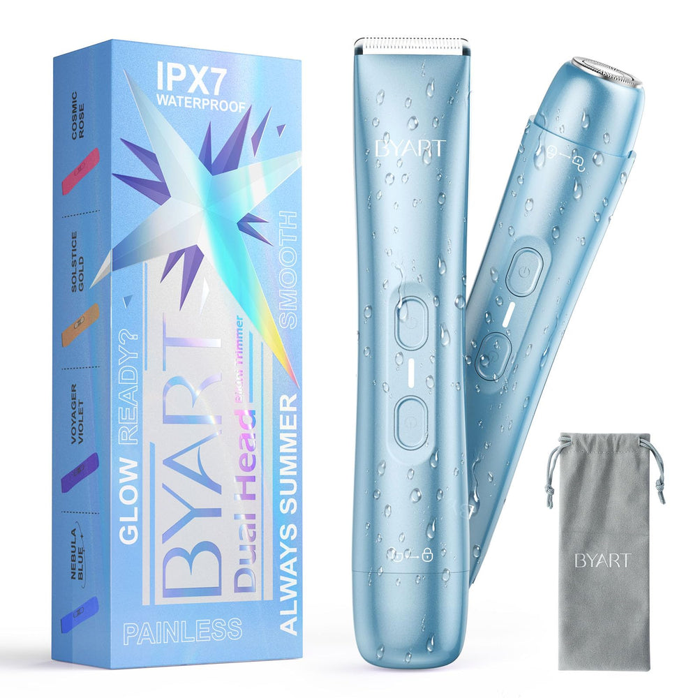 BYART Afeitadora dual cabezal para mujer, vista frontal en azul, diseño compacto para viajar.
