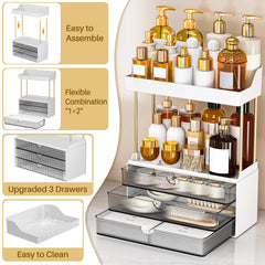 Organizador caktraie con frente ámbar translúcido para tocador elegante.
