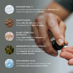 The Eye Serum con extractos de células vegetales brindando calma ocular.