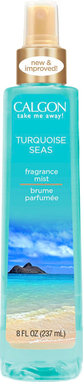 Calgon Turquoise Seas bruma corporal, botella frontal, fragancia fresca para el día.
