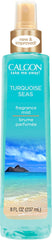 Calgon Turquoise Seas bruma corporal, botella frontal, fragancia fresca para el día.