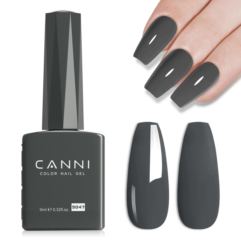 Esmalte gel gris CANNI, botella en primer plano con acabado elegante.