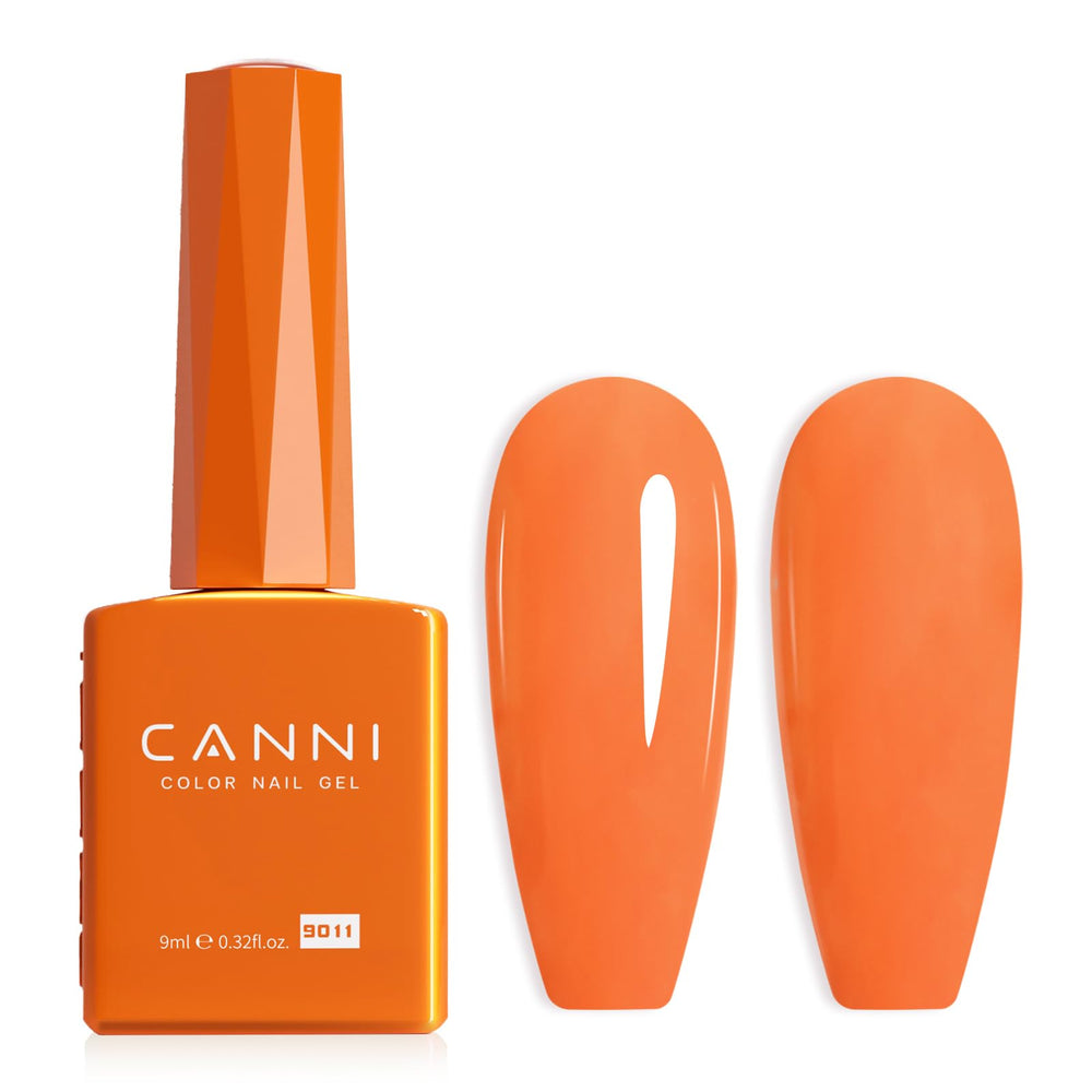 Esmalte gel naranja CANNI en botella brillante, listo para realzar un look luminoso.