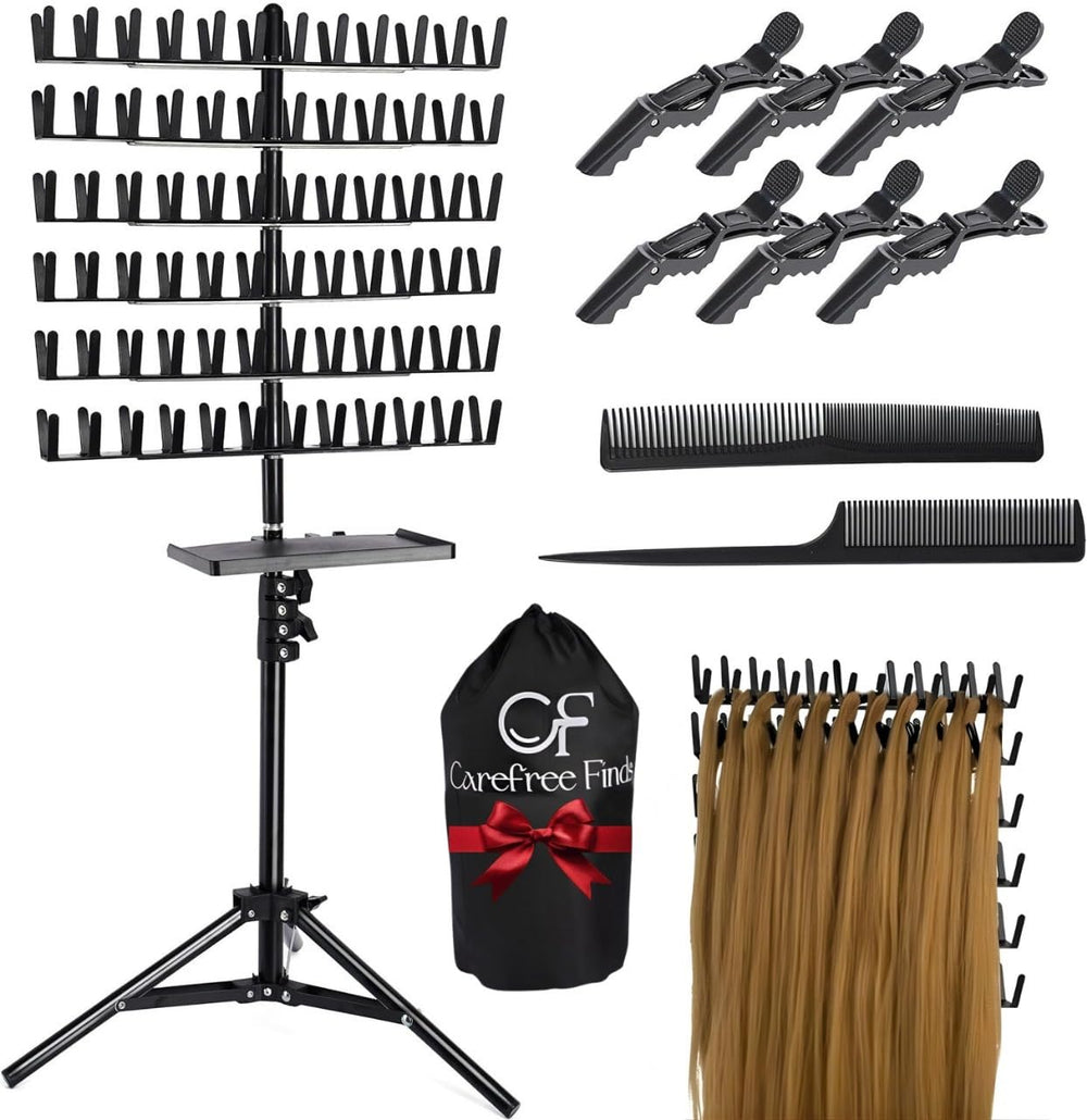 Estante para trenzas CAREFREE FINDS con bandeja desmontable para herramientas y organización.
