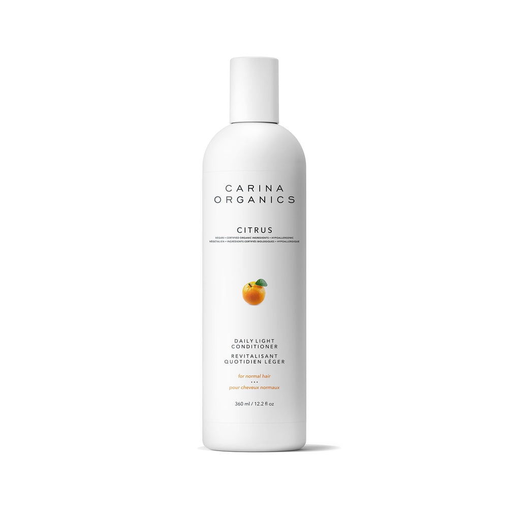 Acondicionador cítrico diario de Carina Organics, frasco, cabello suave.