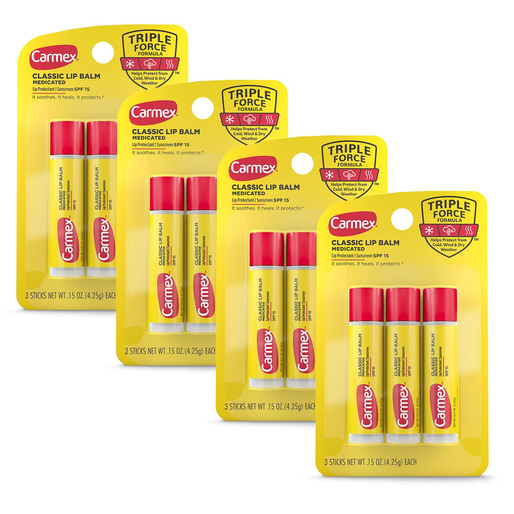 Carmex bálsamo labial clásico en paquete 4×3 para llevar