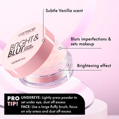 Catrice Bright & Blur polvo suelto, toque rosado para iluminación sutil.