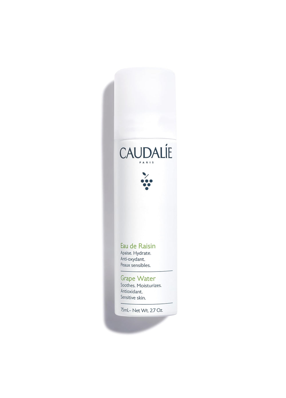 Caudalie bruma facial agua de uva, botella elegante para hidratación instantánea.