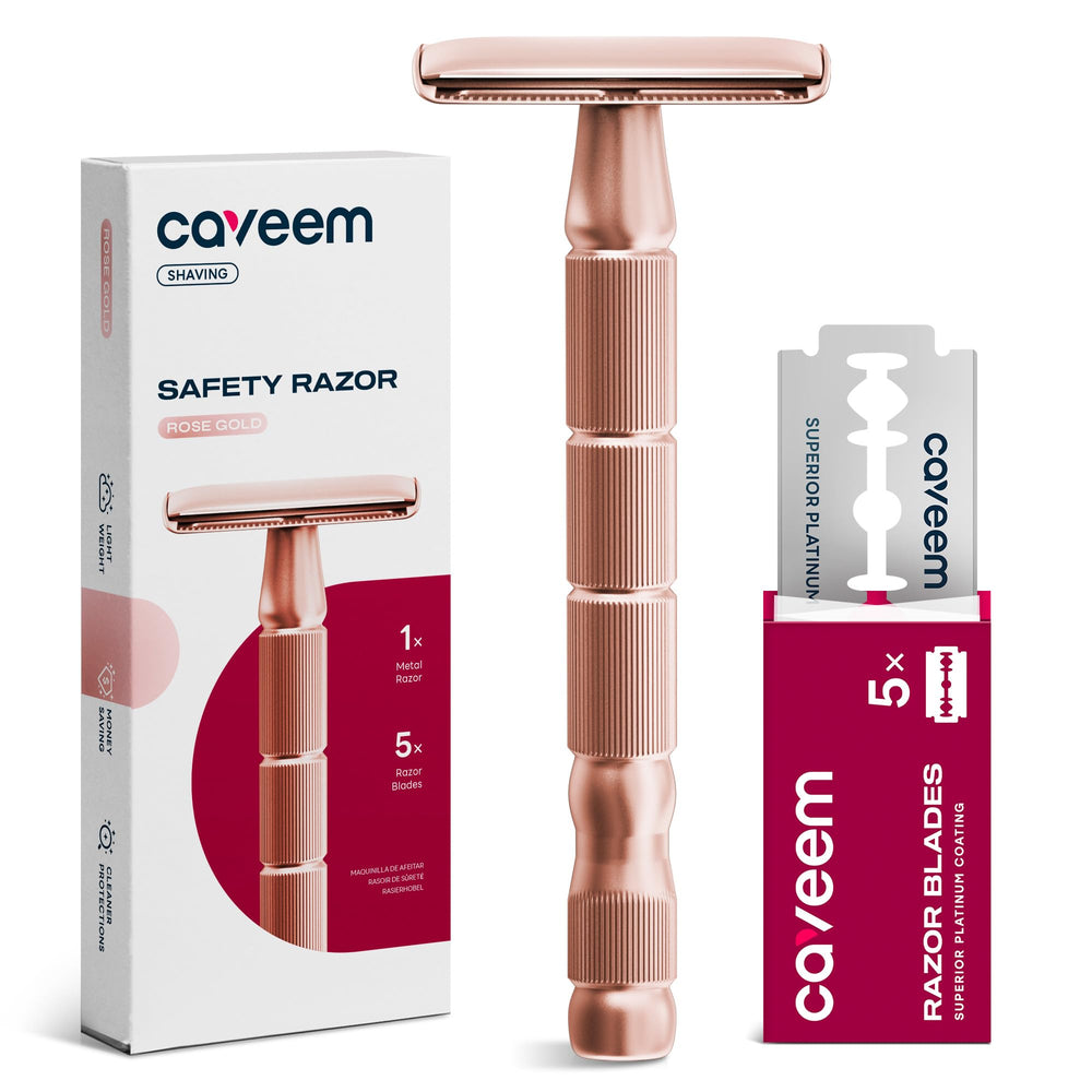 Rasuradora Caveem rosa dorado con borde doble para afeitado suave