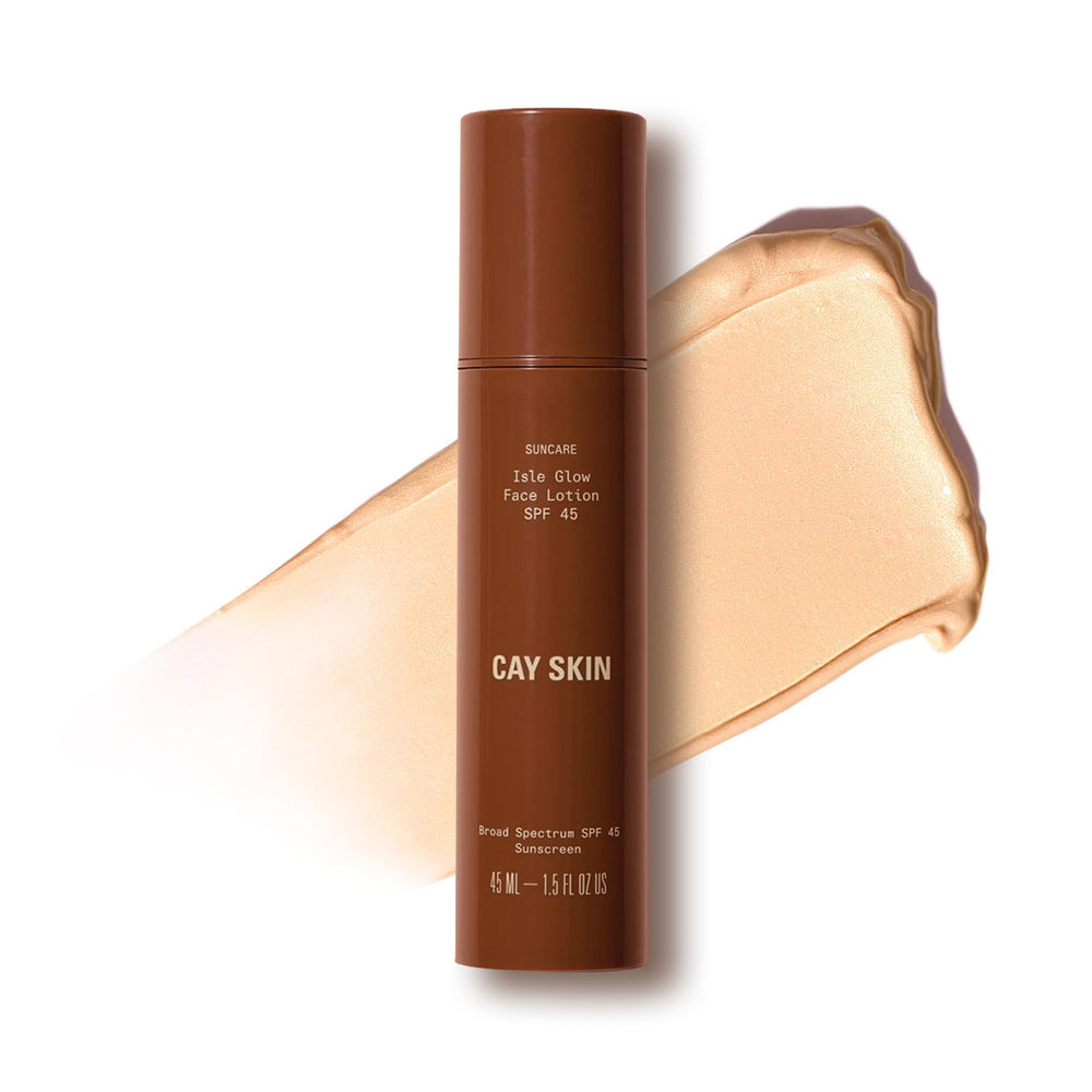 Cay Skin Isle Glow: crema facial SPF45 en bote con acabado iluminado.