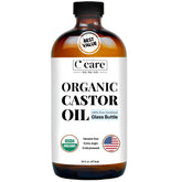 C CARE Aceite de ricino en botella de vidrio conserva pureza para uso diario.